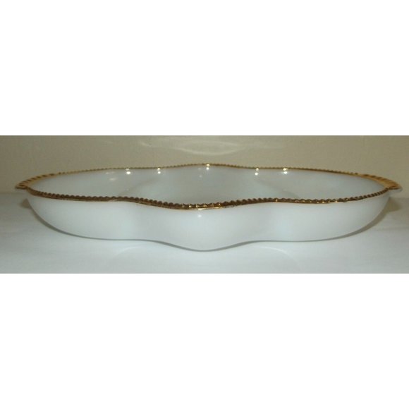 Fire King Oven Ware Divided White Milk Glass Gold Trim Dish vtg Anchor Hocking - Picture 4 of 7